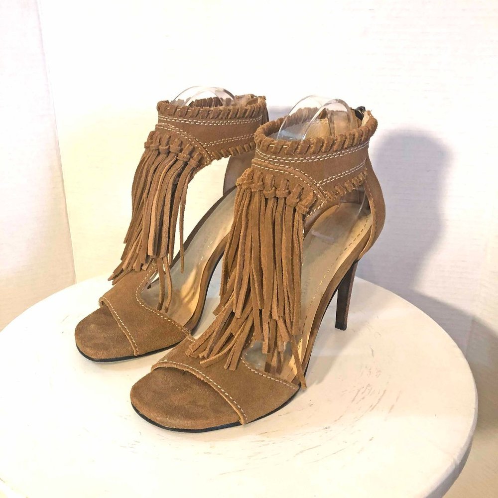 Chinese Laundry Tan Leather Suede Santa Fe Fringe Ladies Heels Size 8